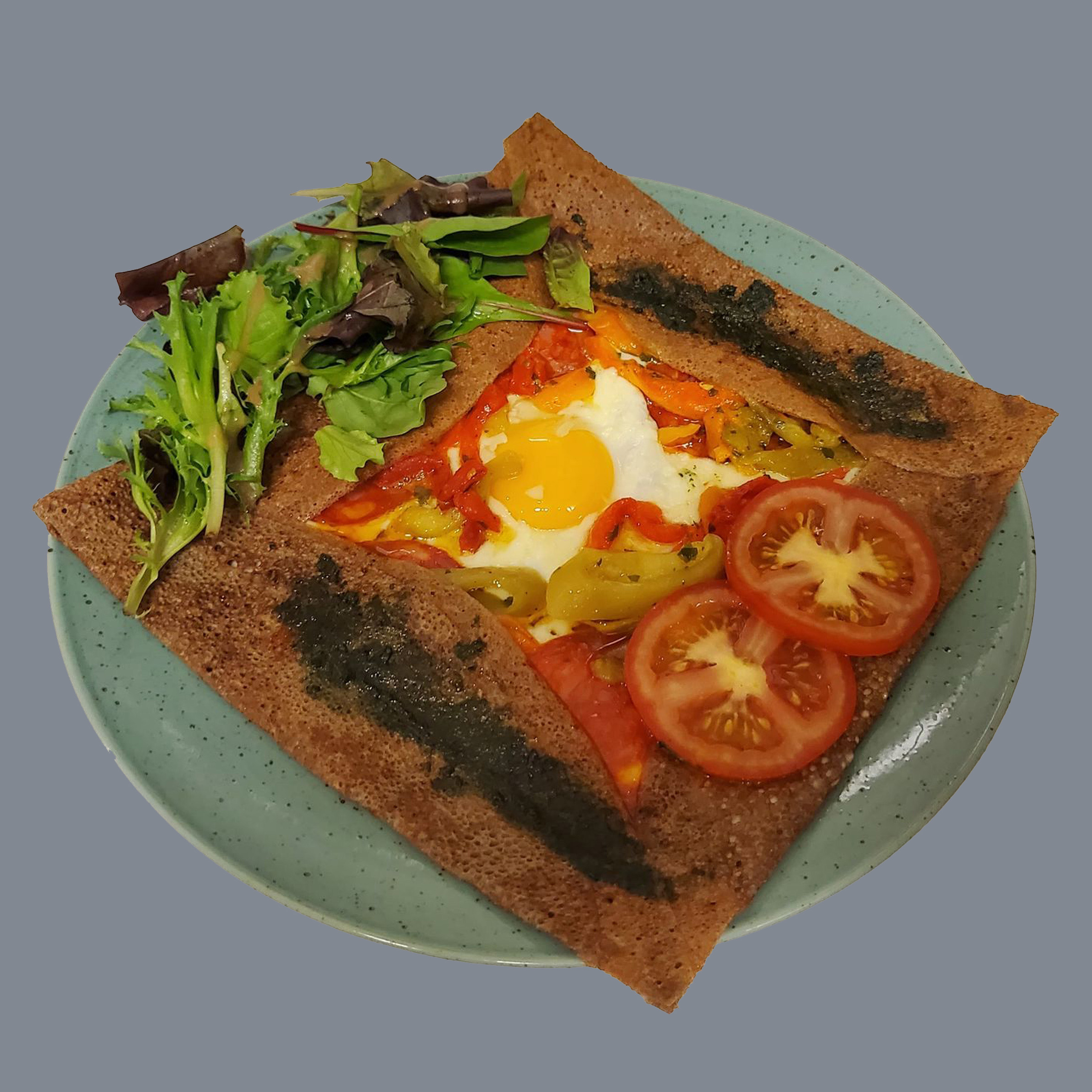Galette with Egg, mozzarella cheese, chorizo, pickled peppers, tomatoe and home made pesto 