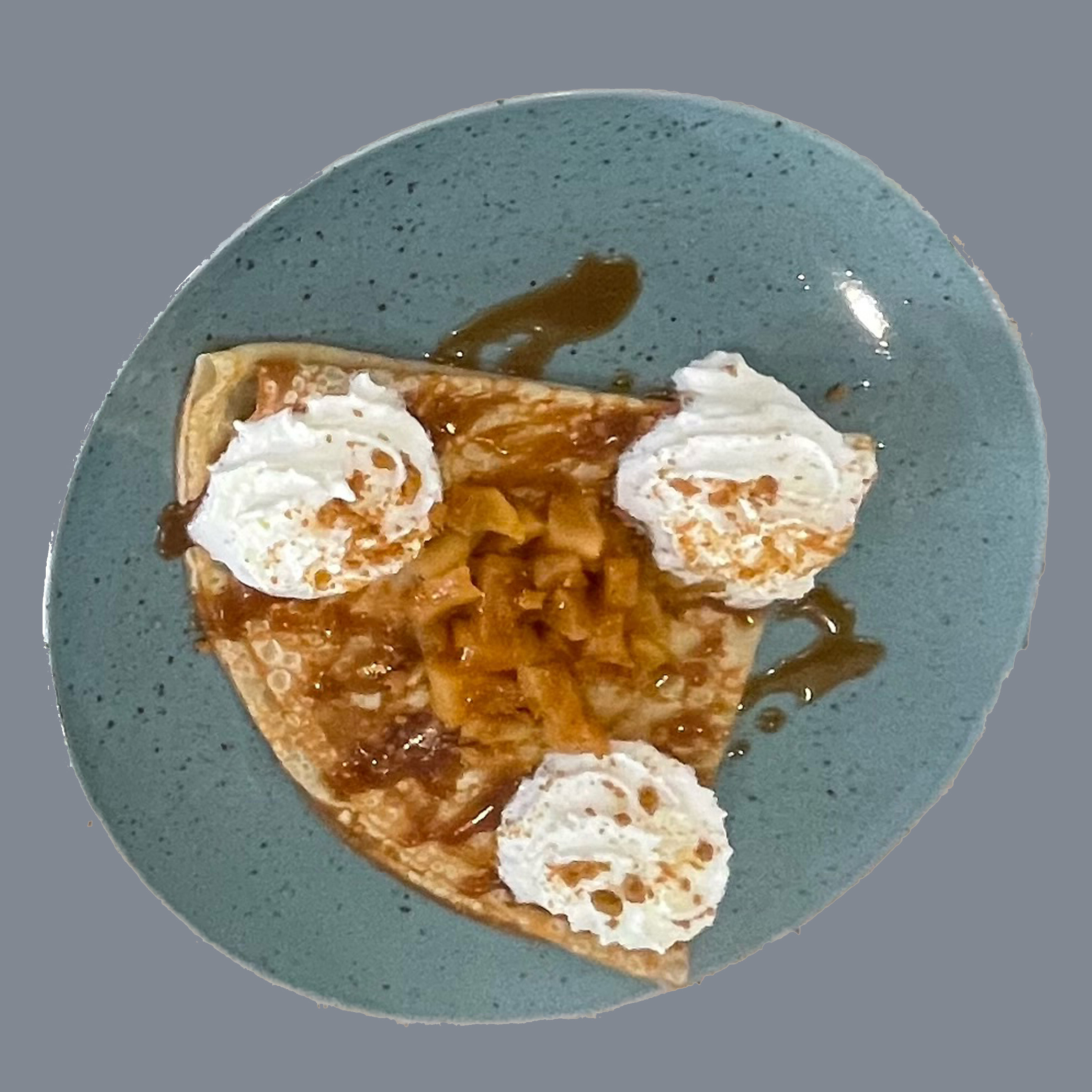 Pancake with Cooked apple, salted home made caramel, whipped cream, speculoos